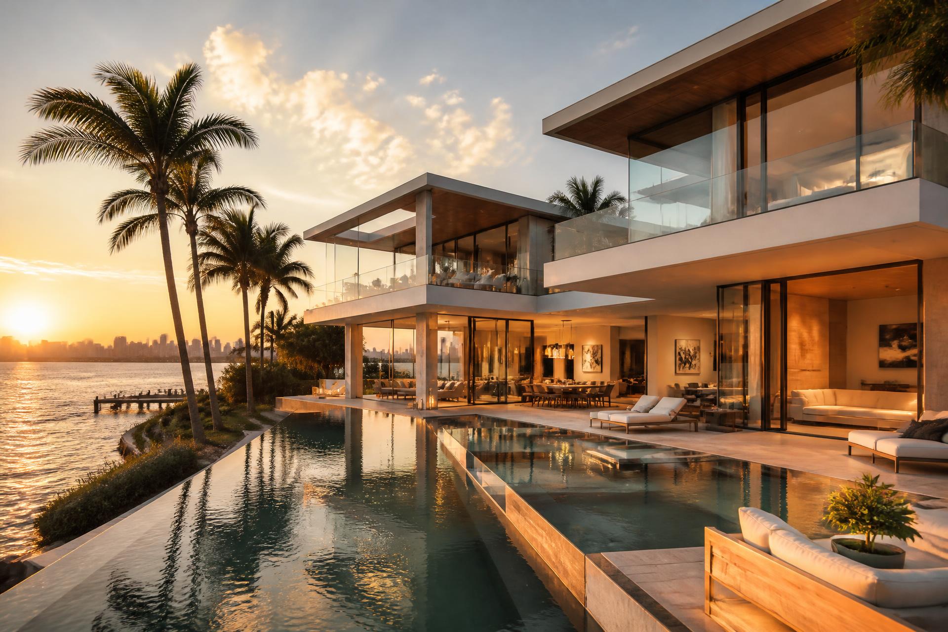 Luxury waterfront home in Miami at sunset